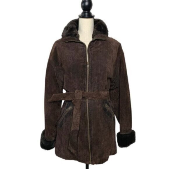 Wilsons Leather Brown Faux Fur Collar Cuffs Suede Leather Coat - Picture 4 of 17